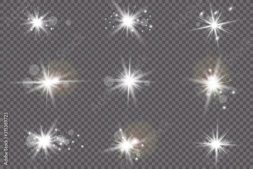 Glow transparent vector light effect set, explosion, glitter, spark, sun flash. Vector illustration.