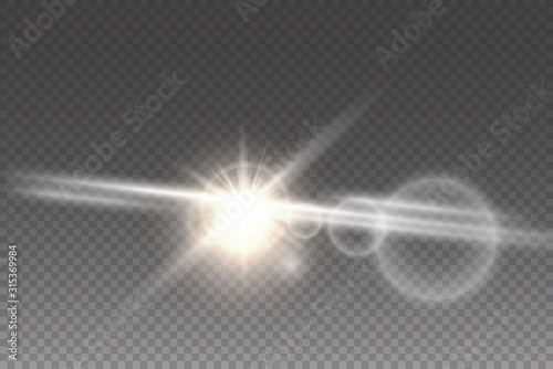 Vector transparent sunlight special lens flash light effect.front sun lens flash. Vector blur in the light of radiance. Element of decor. Horizontal stellar rays and searchlight.