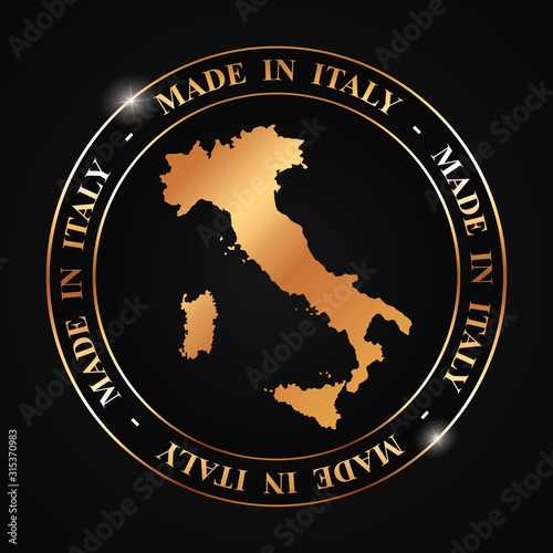 MADE IN ITALY - round vector banner with golden map of Italy on black background