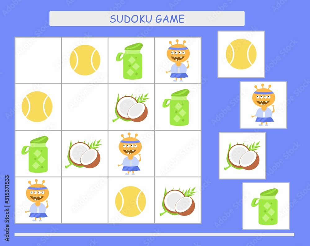 Sudoku for kids with pictures. Kids activity sheet. Training logic, educational game. Sudoku game with funny monsters.