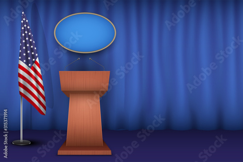 Wooden Podium Speaker Tribune USA White House Interior. Official Speech Place. Politician speaking place with flag of United States of America. Vector Illustration Isolated on white Background.