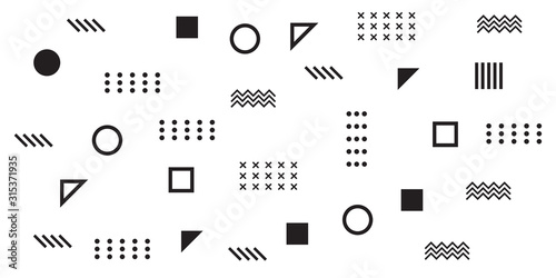 Memphis Simple Black and White Abstract Circle Line Rectangle Box Arrow Cross Mountain River Pie Egypt Basic Shape Background for shirt