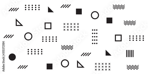Memphis Simple Black and White Abstract Circle Line Rectangle Box Arrow Cross Mountain River Pie Egypt Basic Shape Background for shirt