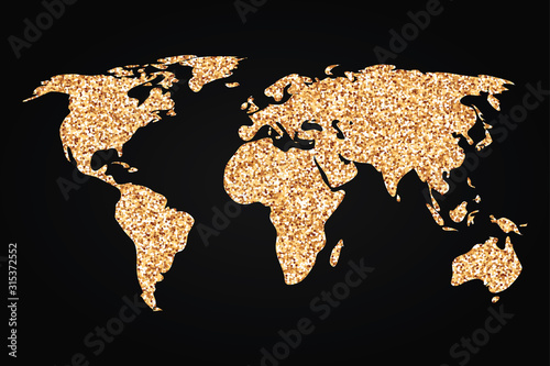 golden world map on black background