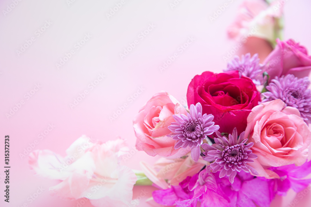 Bouquet of pink flowers on a pink background. zero waste gift on Mother's Day. Women's day card. 8 march happy womens day