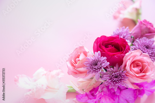 Bouquet of pink flowers on a pink background. zero waste gift on Mother's Day. Women's day card. 8 march happy womens day