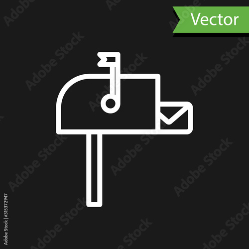 White line Open mail box icon isolated on black background. Mailbox icon. Mail postbox on pole with flag. Vector Illustration