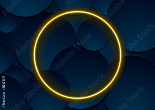 Dark blue geometric circles and yellow neon glowing ring technology background. Abstract vector design