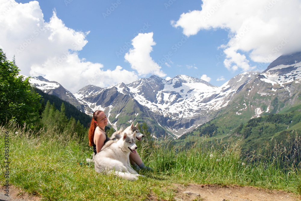 Beautiful girl plays with a dog grey and white husky in the mountains at sunset