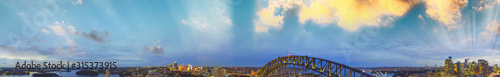 Sydney Harbour Bridge at sunet, view from the sky