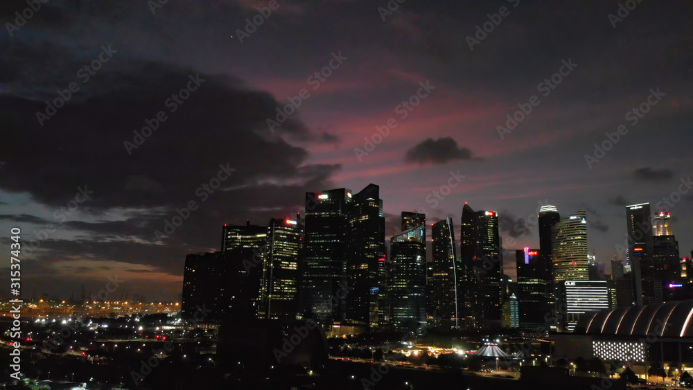 Singapore aerial skyline at night