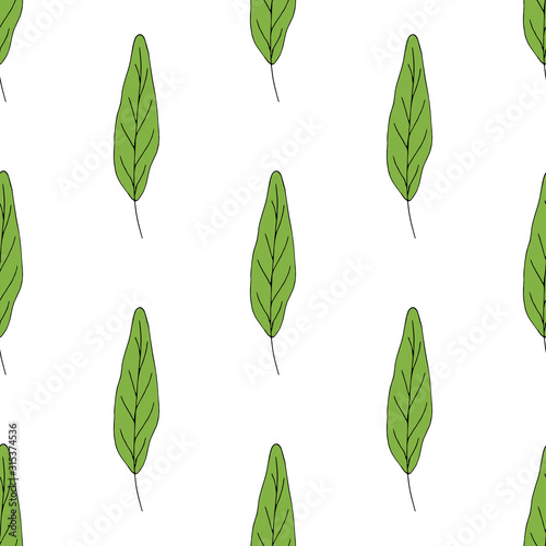Seamless background with green oblong leaves on white background. Endless pattern for your design. Vector.