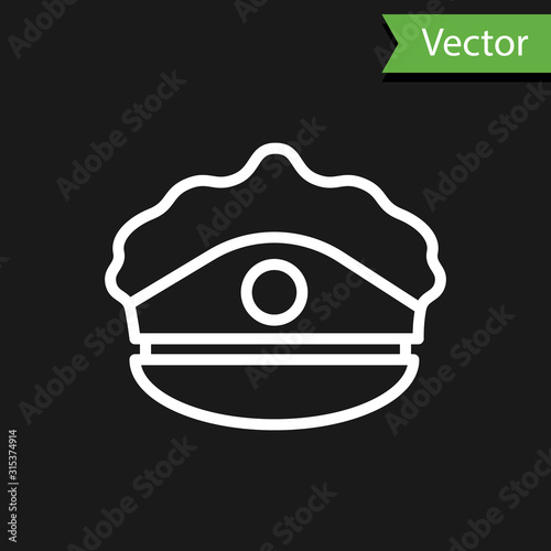 White line Police cap with cockade icon isolated on black background. Police hat sign. Vector Illustration