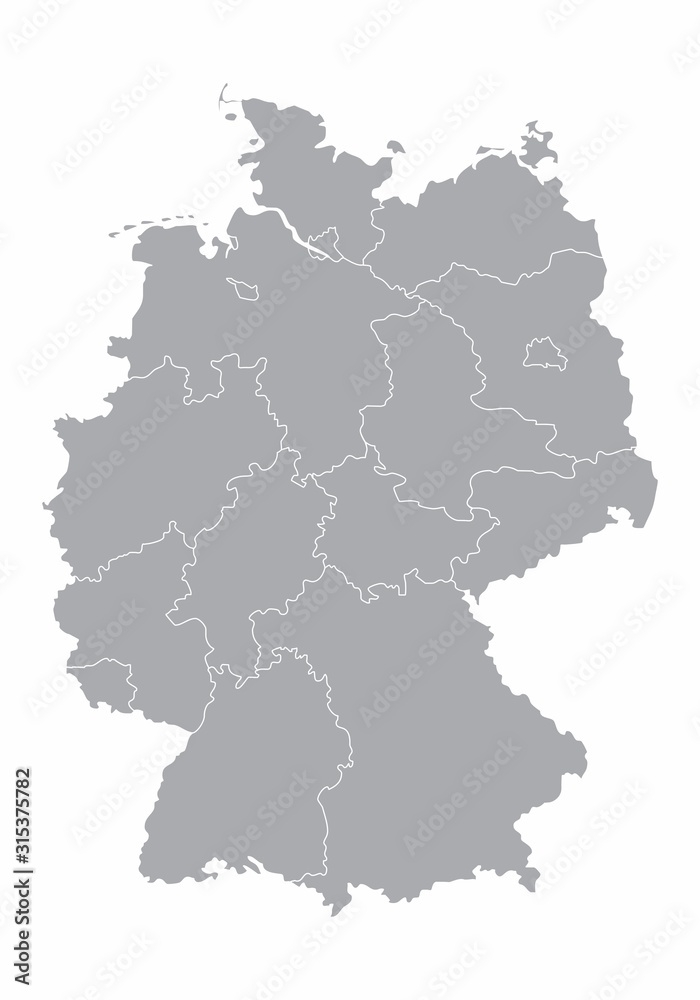 Gray Germany map with regions isolated on white background
