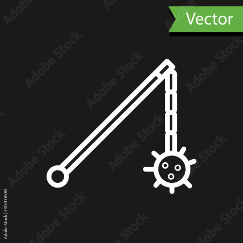 White line Medieval chained mace ball icon isolated on black background. Medieval weapon. Vector Illustration