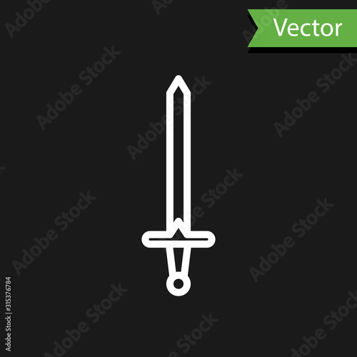 White line Medieval sword icon isolated on black background. Medieval weapon. Vector Illustration