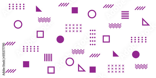 Memphis Simple Purple Abstract Circle Line Rectangle Box Arrow Cross Mountain River Pie Egypt Basic Shape Background for shirt