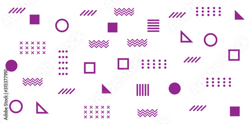 Memphis Simple Purple Abstract Circle Line Rectangle Box Arrow Cross Mountain River Pie Egypt Basic Shape Background for shirt