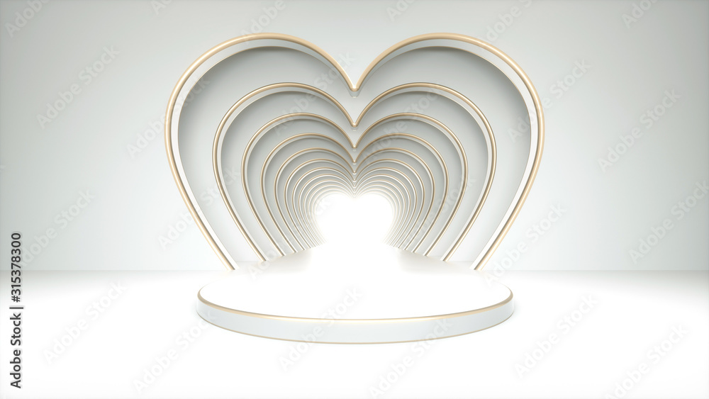 Obraz premium Abstract Empty White And Gold Heart Shaped Background With Pedestal. Valentine's Day Concept - 3D Illustration 