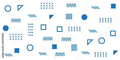Memphis Simple Blue Abstract Circle Line Rectangle Box Arrow Cross Mountain River Pie Egypt Basic Shape Background for shirt