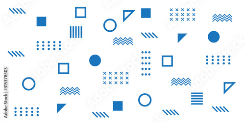 Memphis Simple Blue Abstract Circle Line Rectangle Box Arrow Cross Mountain River Pie Egypt Basic Shape Background for shirt