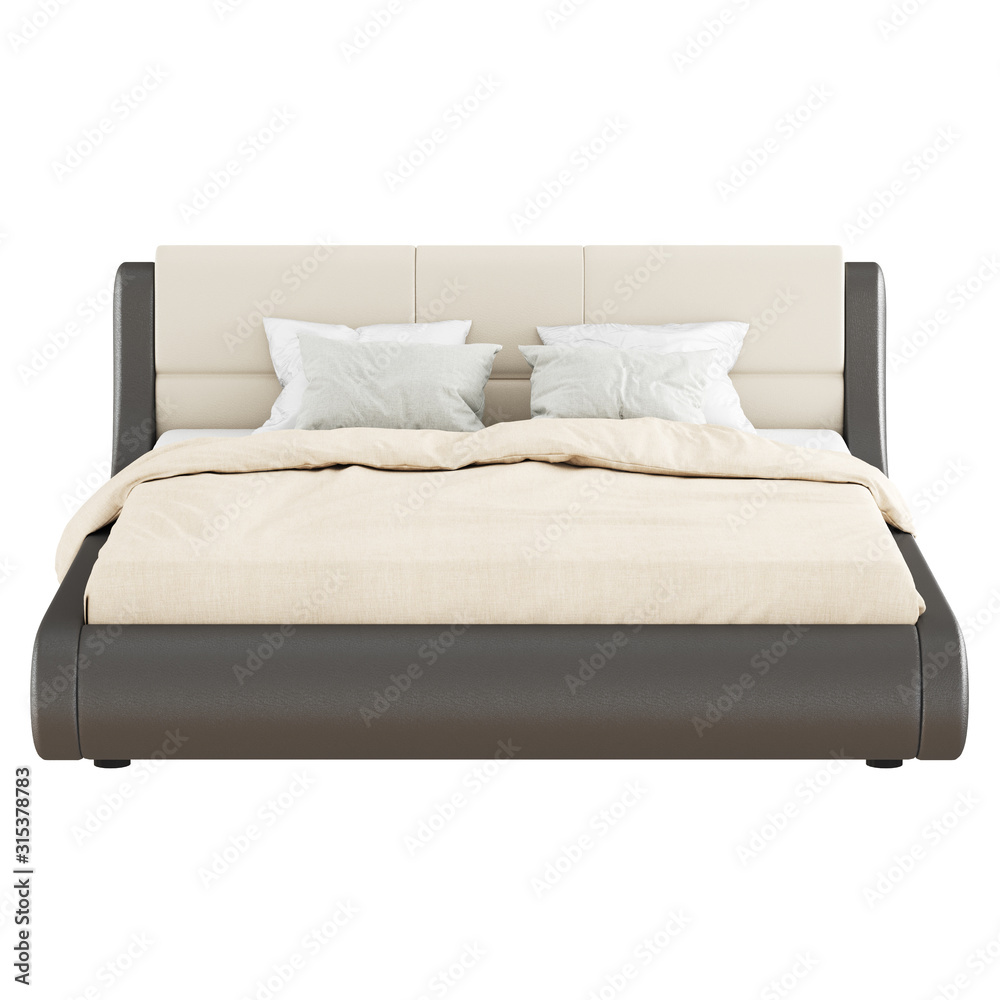 A large soft brown-beige double bed with pillows and a blanket on a white background. Front view copyspace. 3d rendering