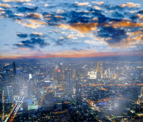 Aerial sunset view of Bangkok modern skyline, Thailand