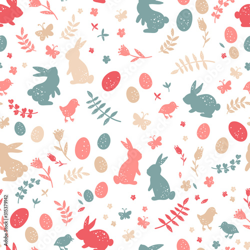 Cute hand drawn easter seamless pattern, colorful spring background with bunnies, easter eggs, flowers, butterflies - great for textiles, banners, wallpapers, cards and wrapping - vector design