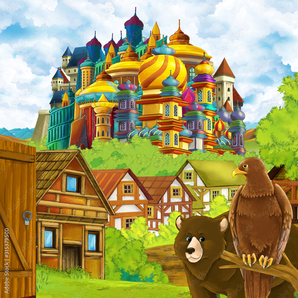cartoon scene with kingdom castle and mountains valley near the forest and farm village settlement with bear walking by and eagle bird illustration for children