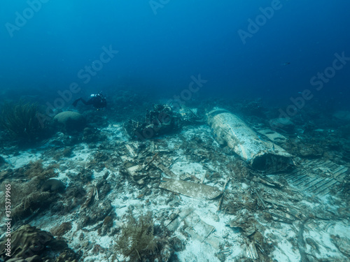 Elvin s Plane Wreck in coral reef of Caribbean sea around Curacao