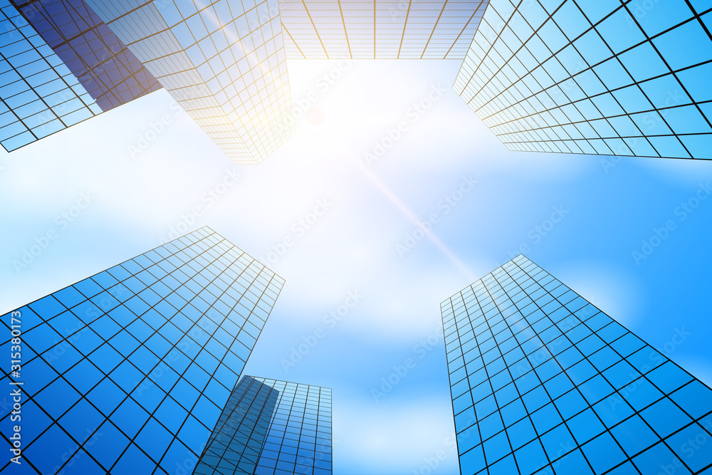 Bottom view of skyscrapers. Business quarter with glass skyscrapers. Sunlight over tall houses. Vector Illustration