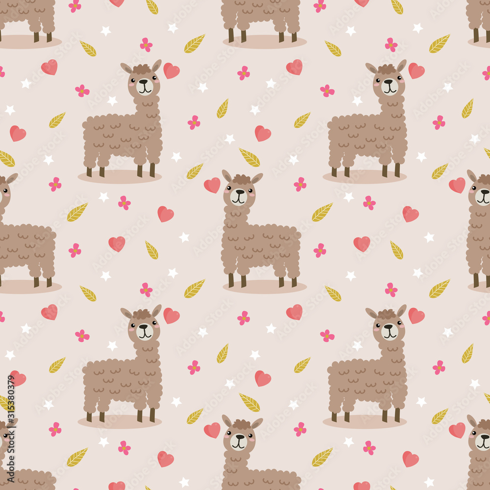 Cute llama on sweet pink flower seamless pattern.