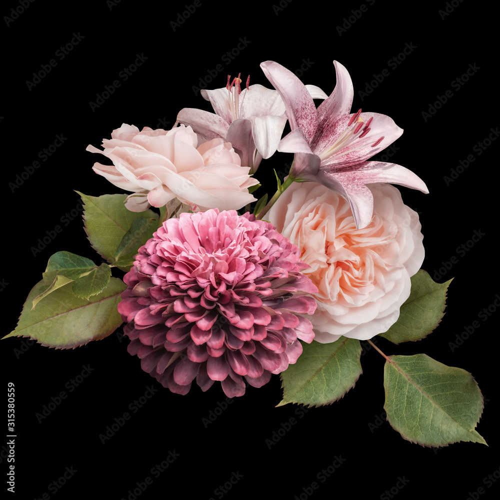 Pink roses, zinnia and lily isolated on black background. Floral arrangement, bouquet of garden flowers. Can be used for invitations, greeting, wedding card.