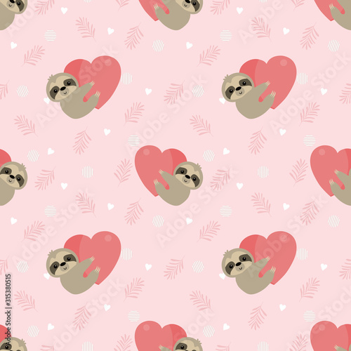 Cute sloth hold a heart on pink leaves seamless pattern.