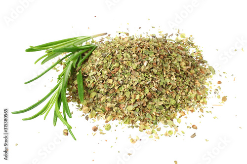 rosemary leaves with dried rosemary isolated on white background.