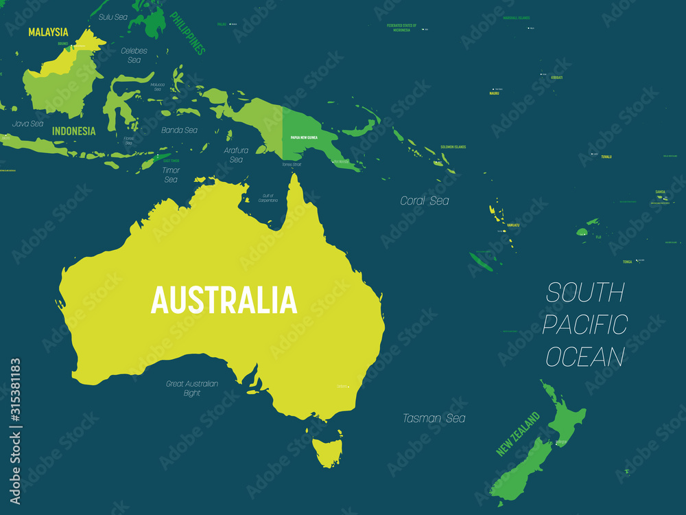 Australia and Oceania map - green hue colored on dark background. High detailed political map of australian and pacific region with country, capital, ocean and sea names labeling