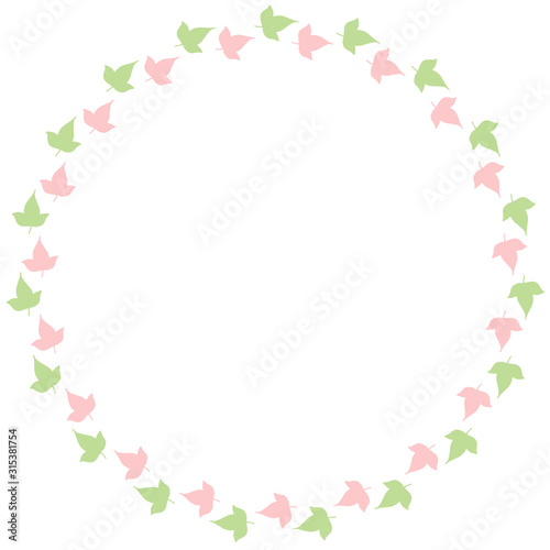Round frame of cute pink and green leaves. Isolated nature frame on white background for your design.