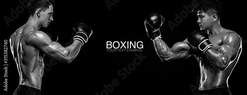Boxers. Two male fighters in boxing gloves in combat racks on a black background. Fitness concept. Individual sports recreation.