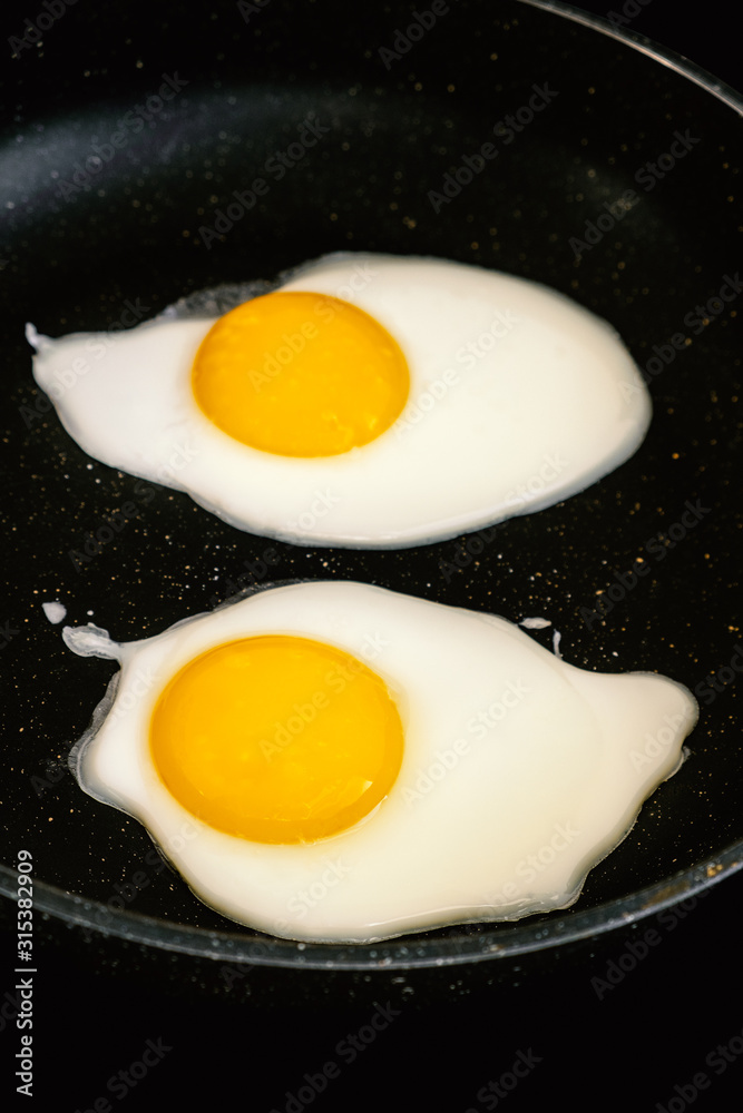 Raw fried eggs.Tasty over easy fried egg in frying pan, closeup Raw fried eggs.Tasty over easy fried egg in frying pan, closeup