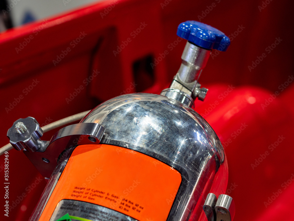 Nitrous oxide systems for cars. Tank nos in racing car. Stock Photo