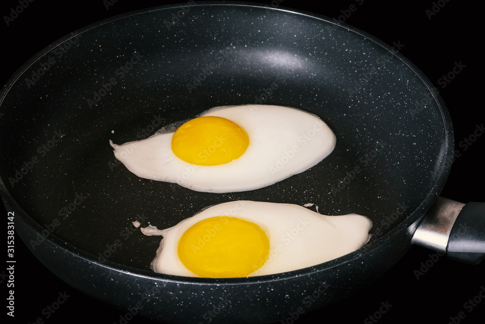Raw fried eggs.Tasty over easy fried egg in frying pan, closeup Raw fried eggs.Tasty over easy fried egg in frying pan, closeup