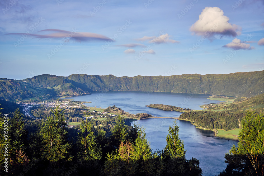 Landscape with a lake and forest on the Sao Miguel Island.  Lagoa das Sete Cidades is a twin lake.