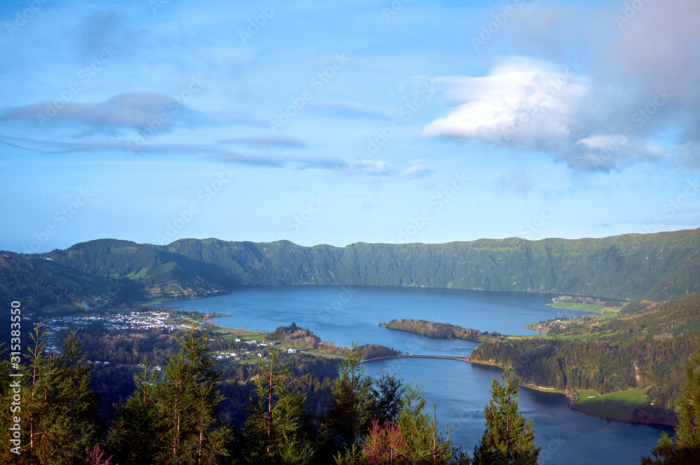 Landscape with a lake and forest on the Sao Miguel Island.  Lagoa das Sete Cidades is a twin lake.