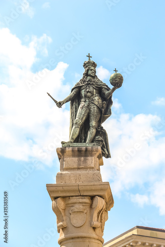 Trieste, Italy. Leopoldo I D'Asburgo statue in front of Chamber of commerce (Camera di Commercio, Industria, Artigianato e Agricoltura Venezia Giulia). © Denis