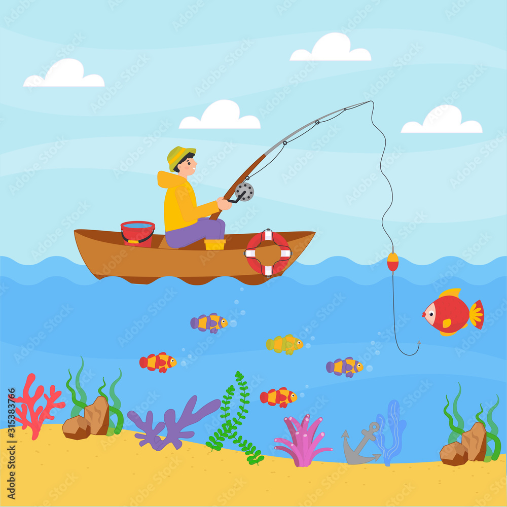 Cute boy fishing in a boat with fishing rod. Vector illustration design  cartoon style for print, card, children game Stock Vector
