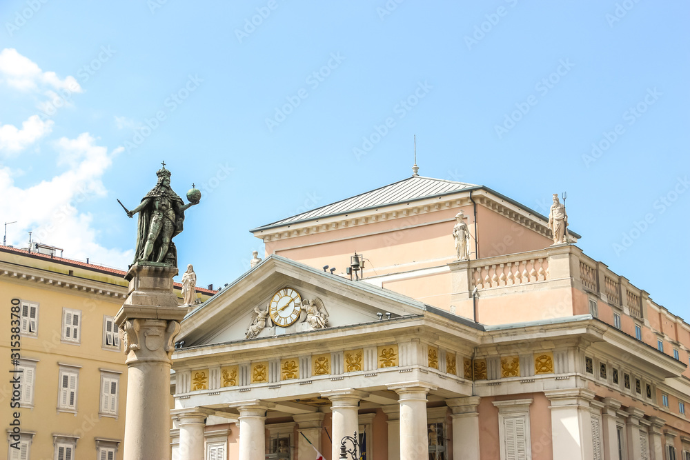 Trieste, Italy. Leopoldo I D'Asburgo statue in front of Chamber of commerce (Camera di Commercio, Industria, Artigianato e Agricoltura Venezia Giulia).