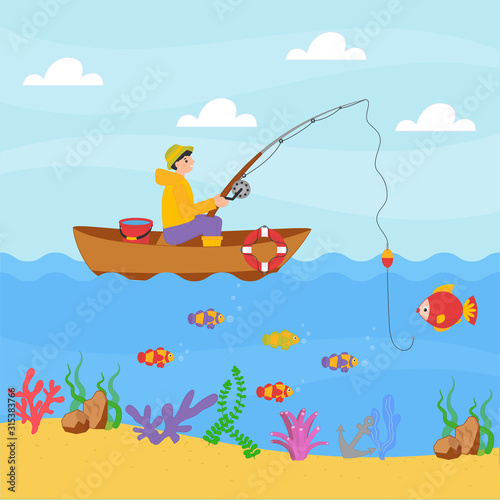 Cute boy fishing in a boat with fishing rod. Vector illustration design cartoon style for print, card, children game