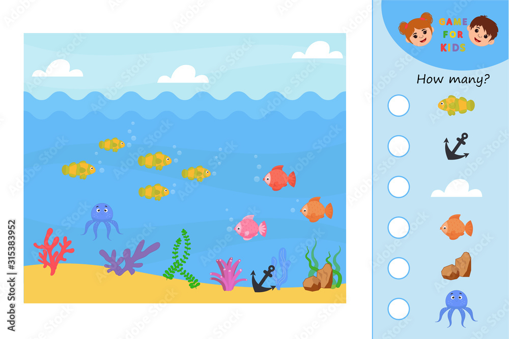Educational game for kids. How many. Underwater world. Printable worksheet for children. Puzzle. Vector illustration