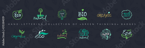 Organic food labels. Hand-lettering collection of Green Thinking badges. Healthy food icons , floral pattern background, herb ornament seamless. Trendy vector farm logo, bio concept, natural cosmetics