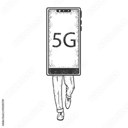 Smart phone gadget 5G walks on its feet sketch engraving vector illustration. T-shirt apparel print design. Scratch board imitation. Black and white hand drawn image.